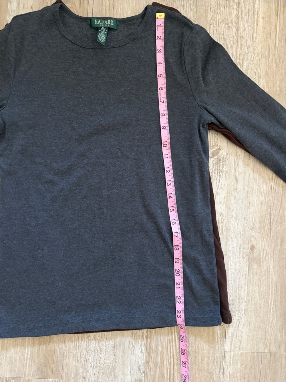 Lauren Ralph Lauren Long Sleeve Ribbed Cotton Tee Charcoal Gray & Deep Brown - Picture 12 of 12